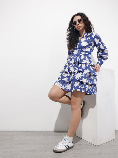 Blue V-Neck Cotton Midi Dress