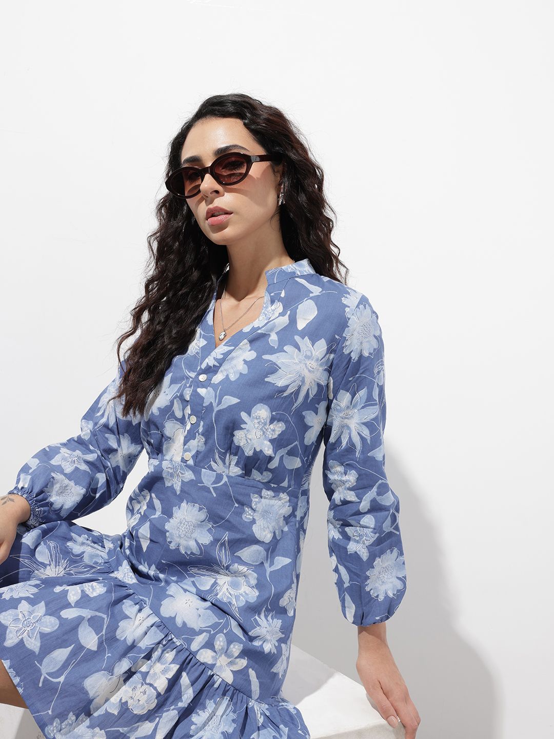 Blue Mandarin Collar Cotton Midi Dress
