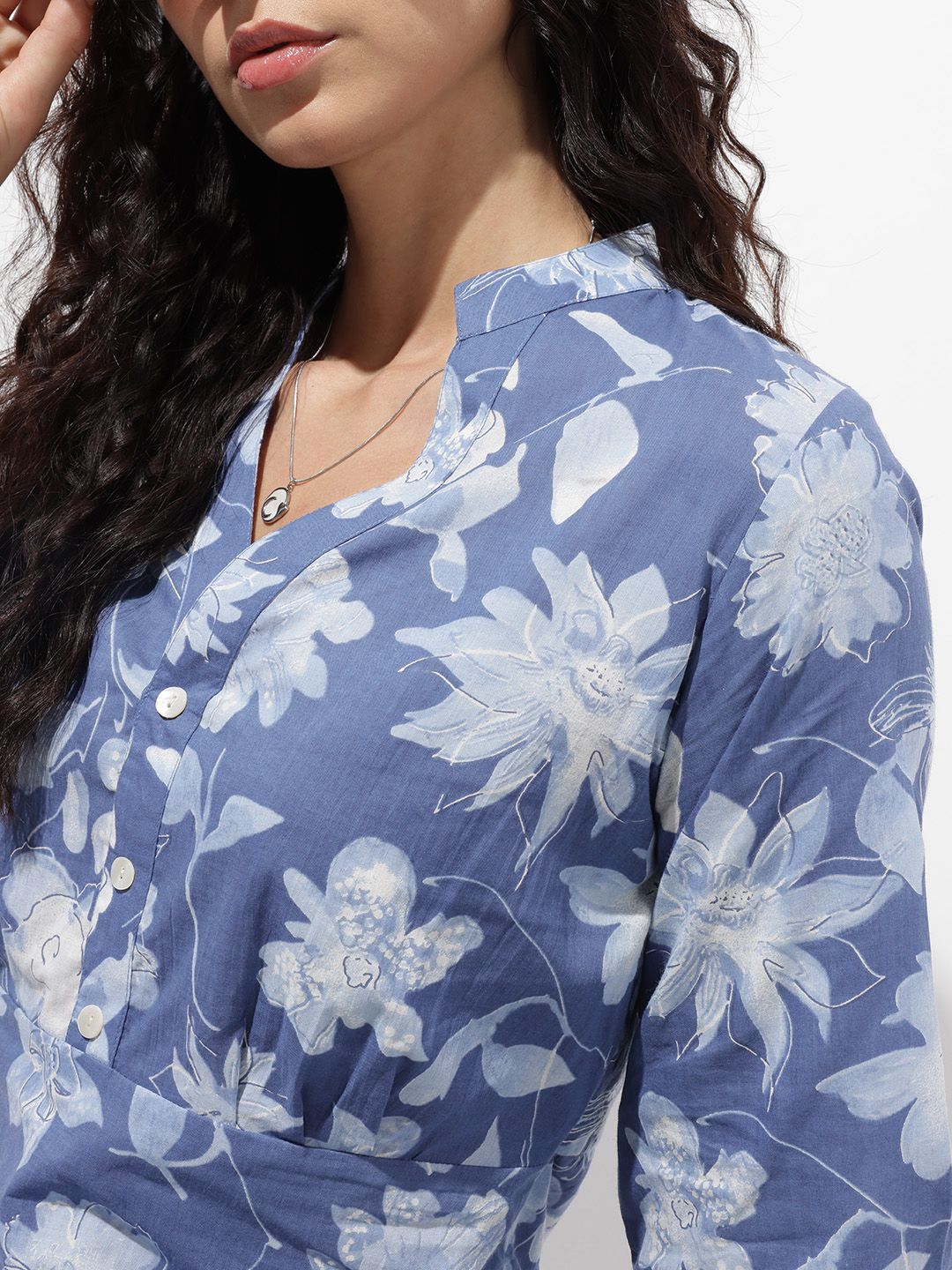 Blue Mandarin Collar Cotton Midi Dress