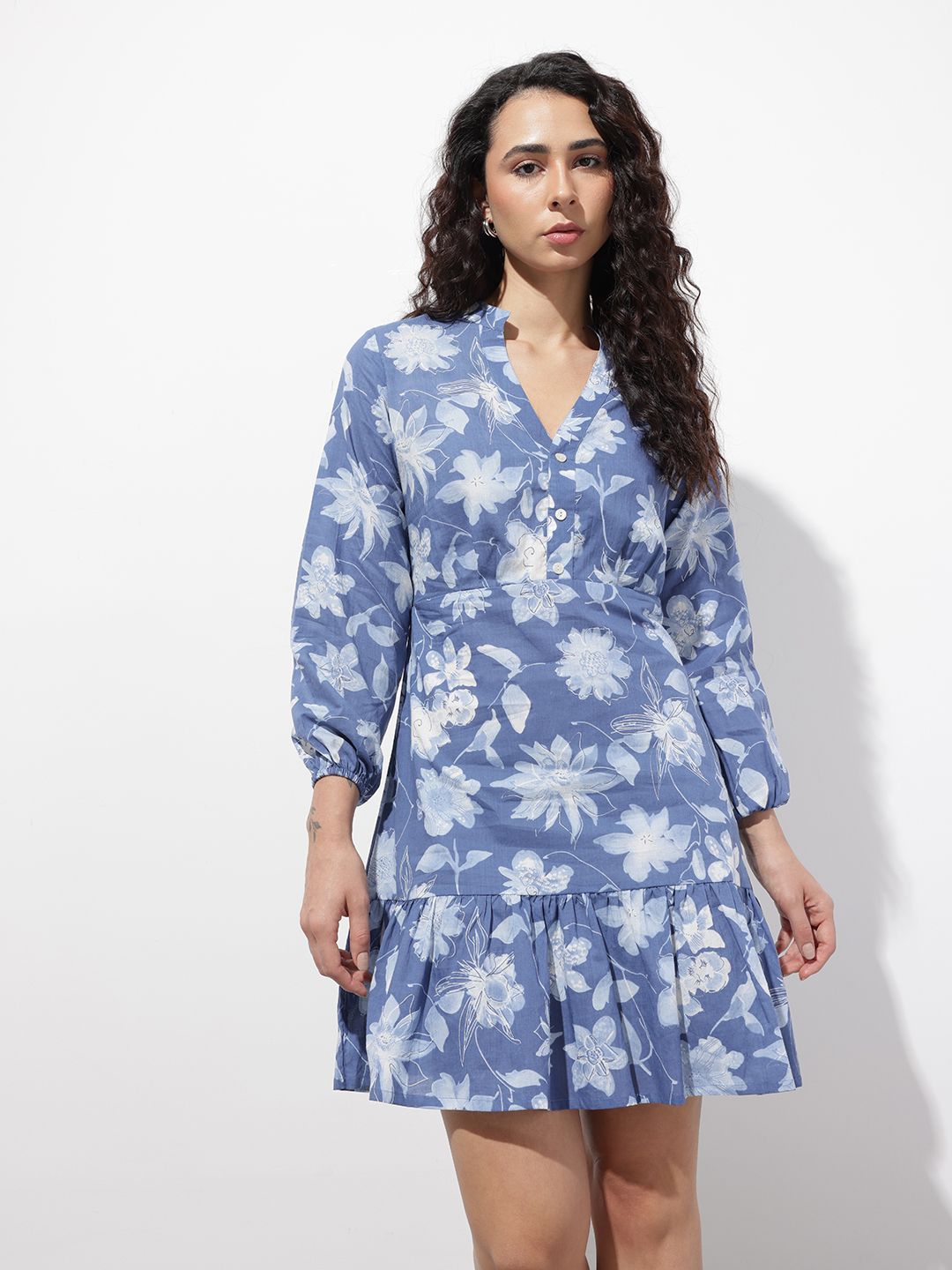 Blue Mandarin Collar Cotton Midi Dress