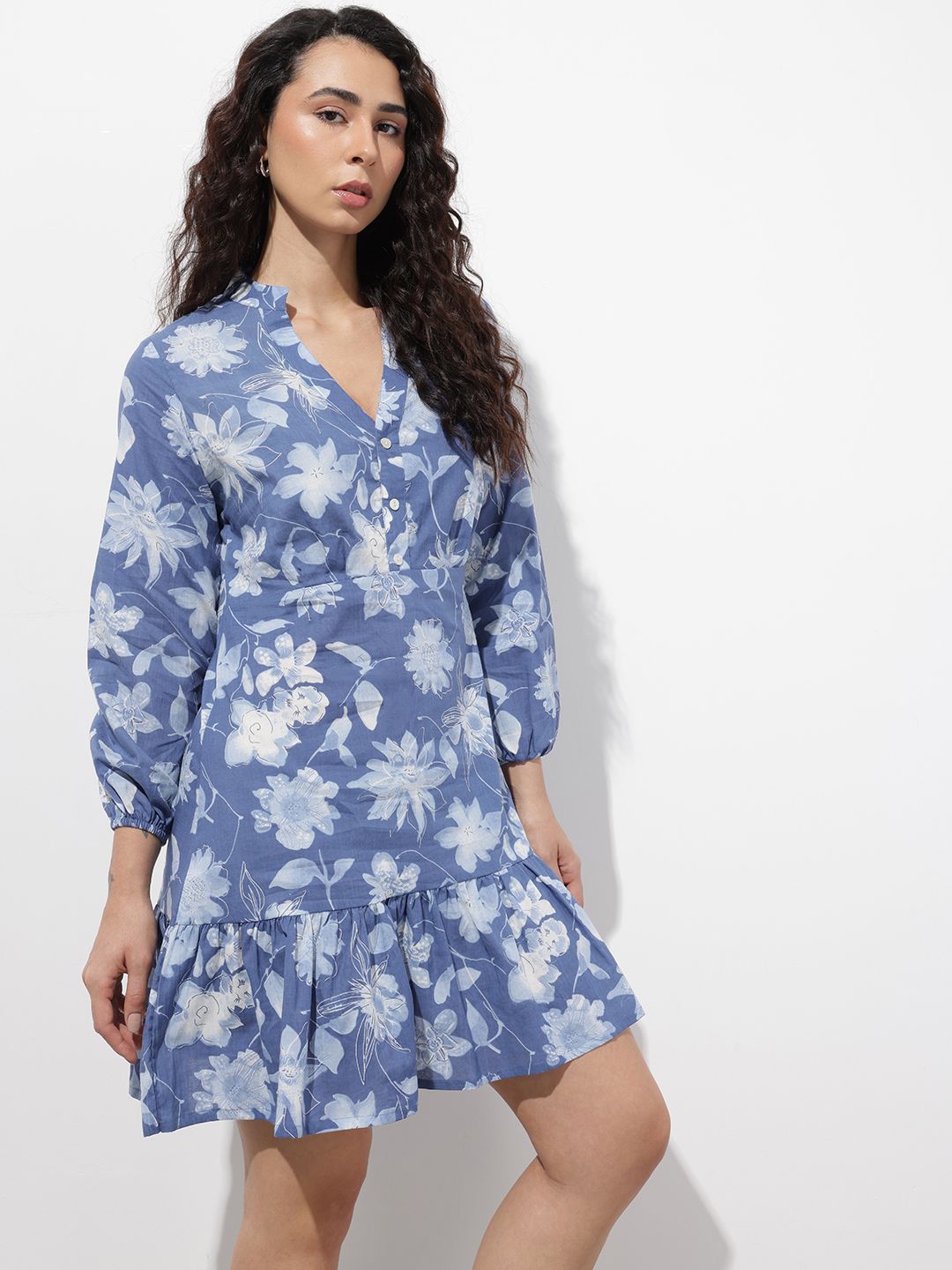 Blue Mandarin Collar Cotton Midi Dress