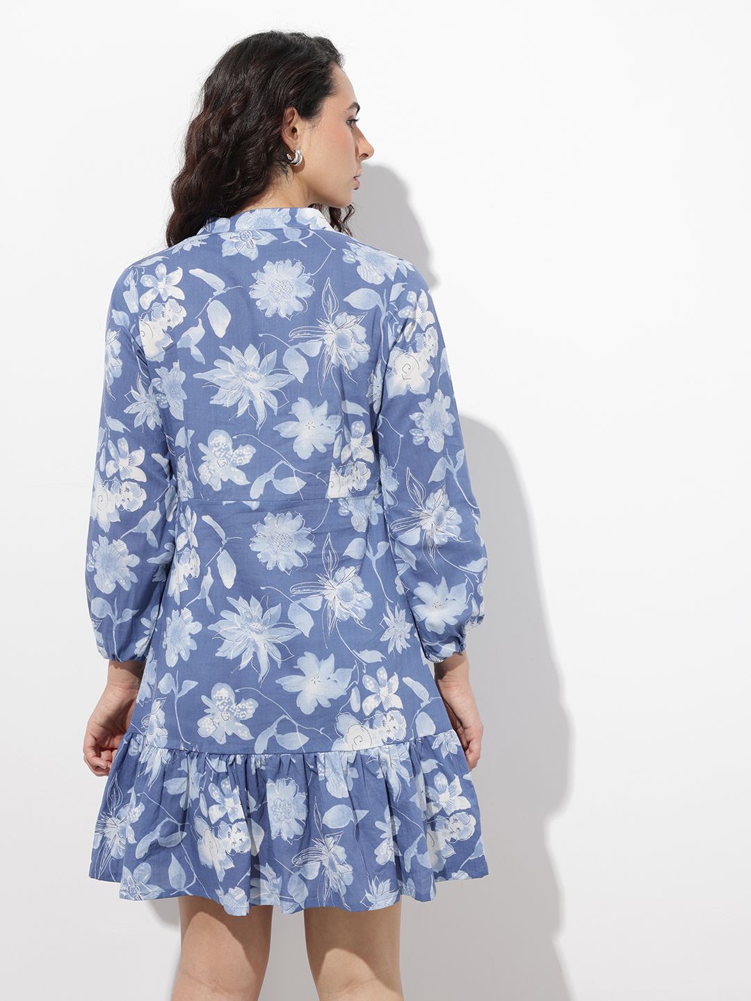 Blue Mandarin Collar Cotton Midi Dress