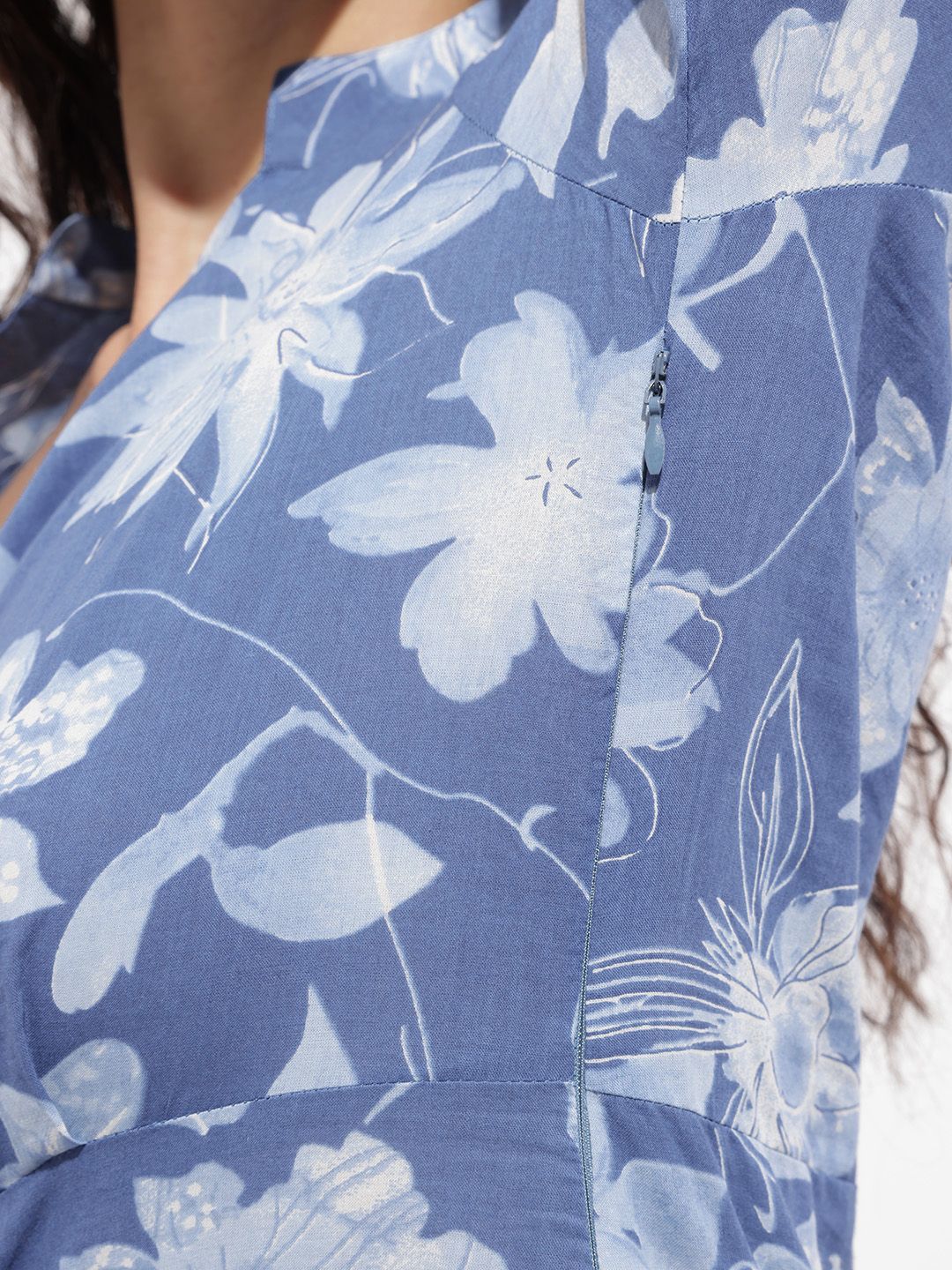 Blue Mandarin Collar Cotton Midi Dress