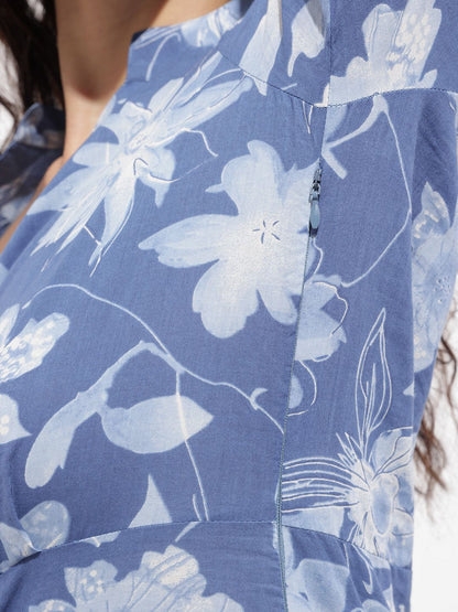 Blue Mandarin Collar Cotton Midi Dress