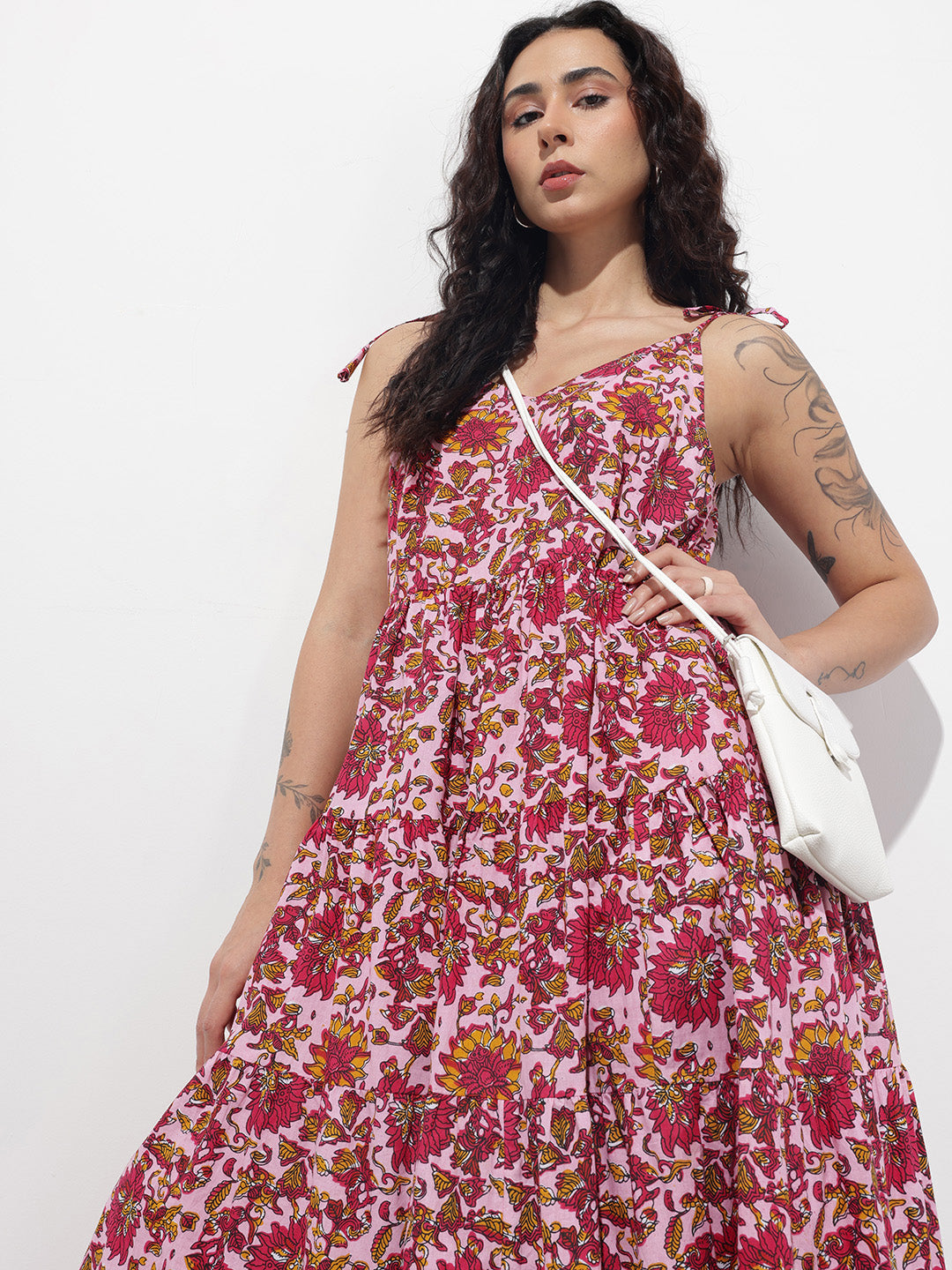 Pink Shoulder Strapes Fit & Flared Cotton Dress