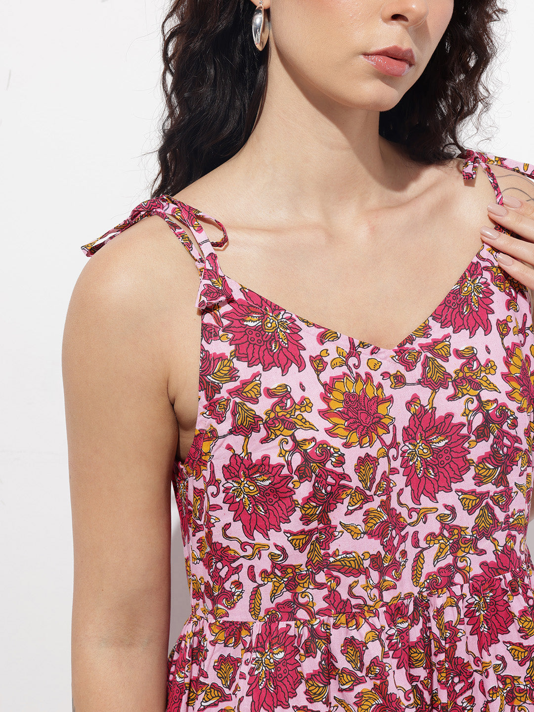 Pink Shoulder Strapes Fit & Flared Cotton Dress