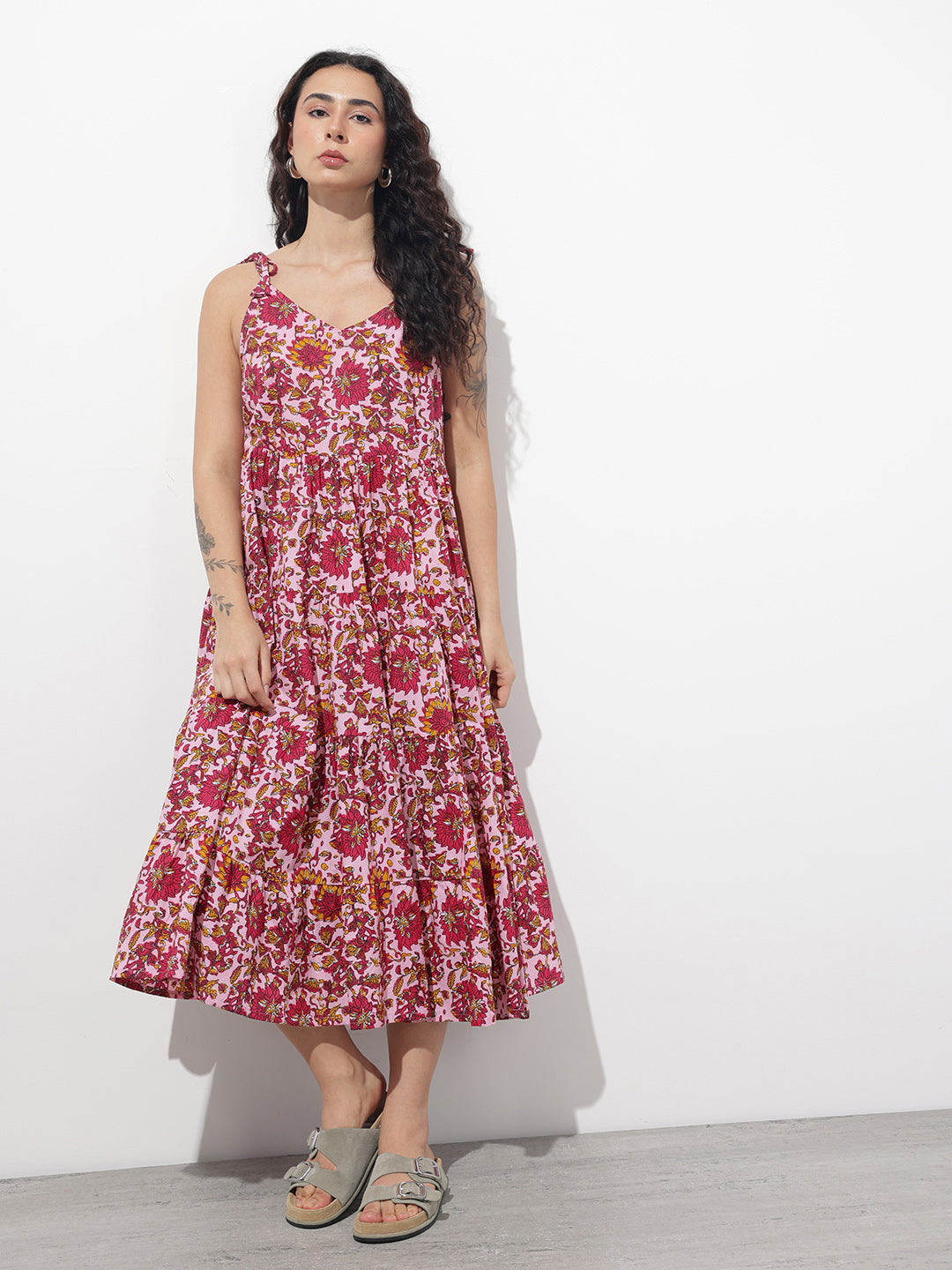 Pink Shoulder Strapes Fit & Flared Cotton Dress