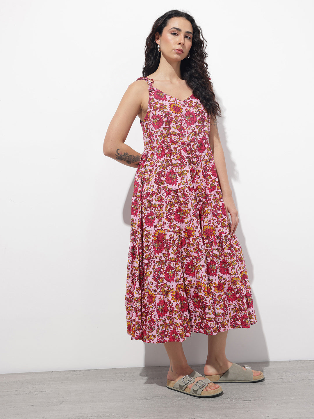 Pink Shoulder Strapes Fit & Flared Cotton Dress