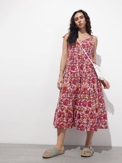 Pink Shoulder Strapes Fit & Flared Cotton Dress