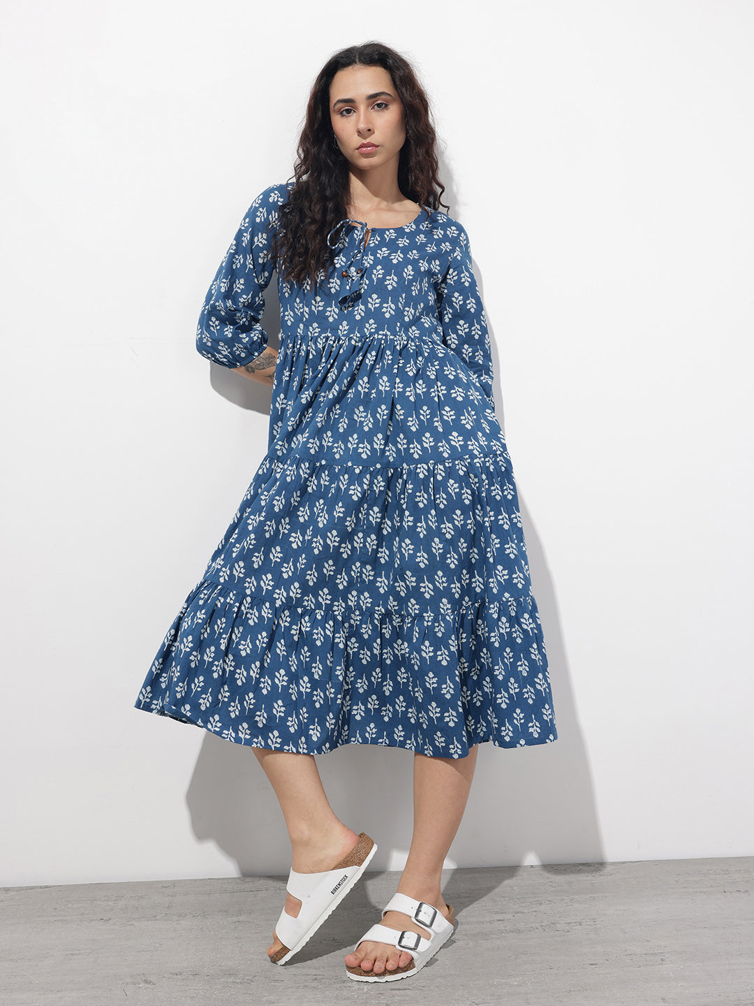 Indigo Tie-up Neck Flared Cotton Dress