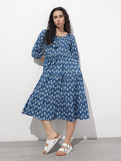 Indigo Tie-up Neck Flared Cotton Dress