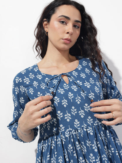 Indigo Tie-up Neck Flared Cotton Dress