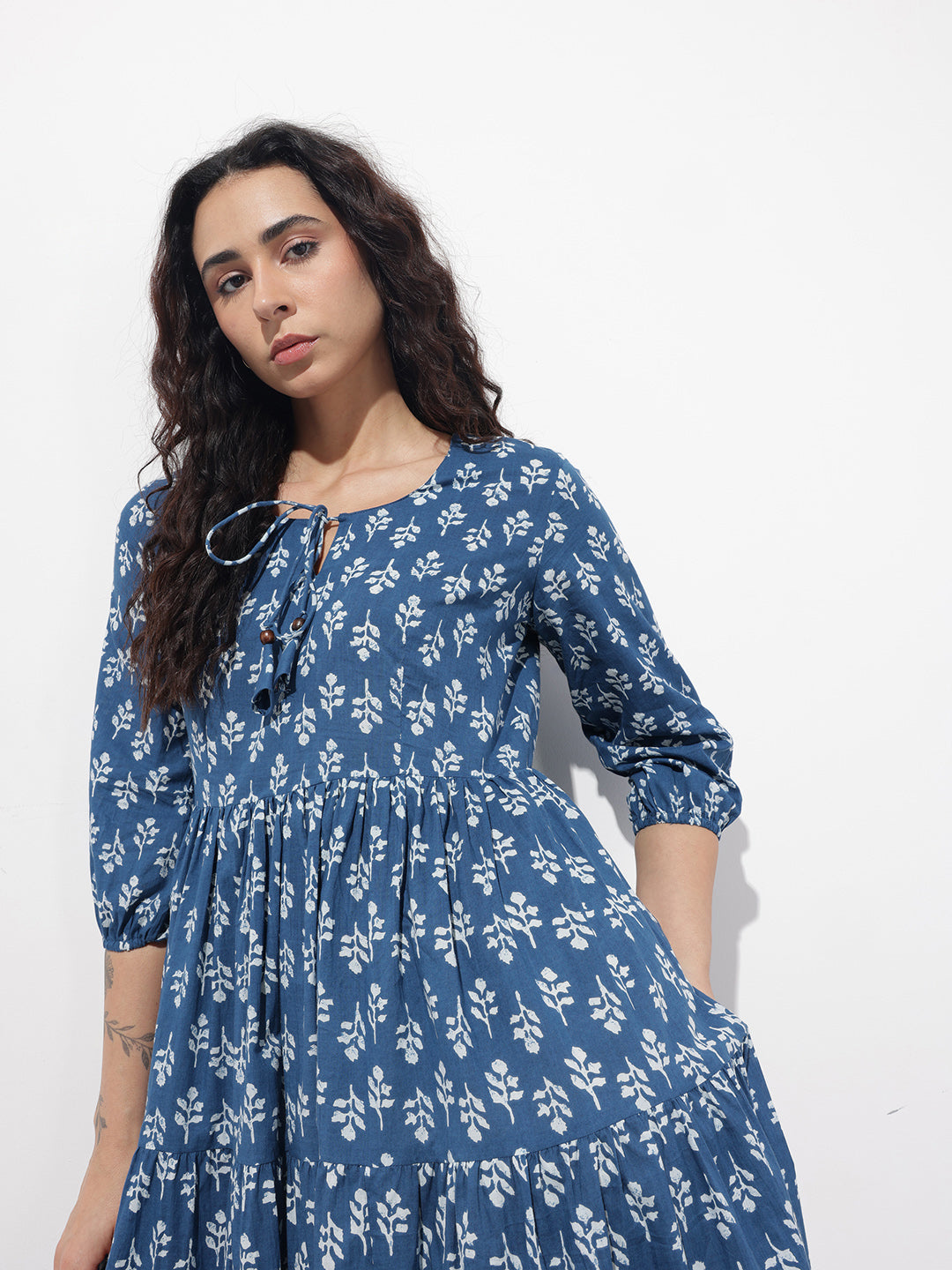 Indigo Tie-up Neck Flared Cotton Dress