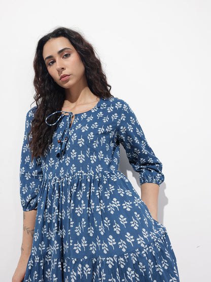 Indigo Tie-up Neck Flared Cotton Dress