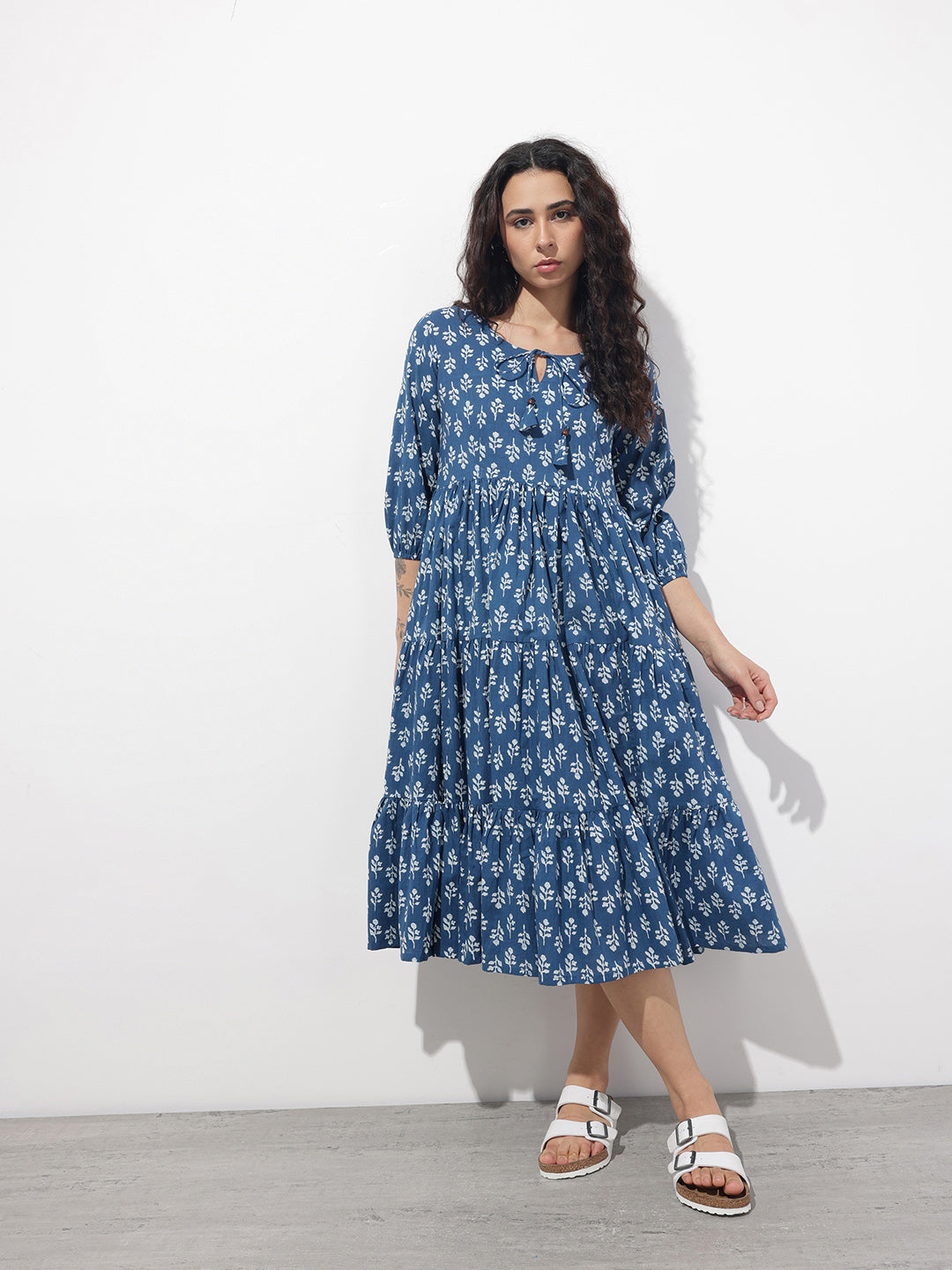Indigo Tie-up Neck Flared Cotton Dress