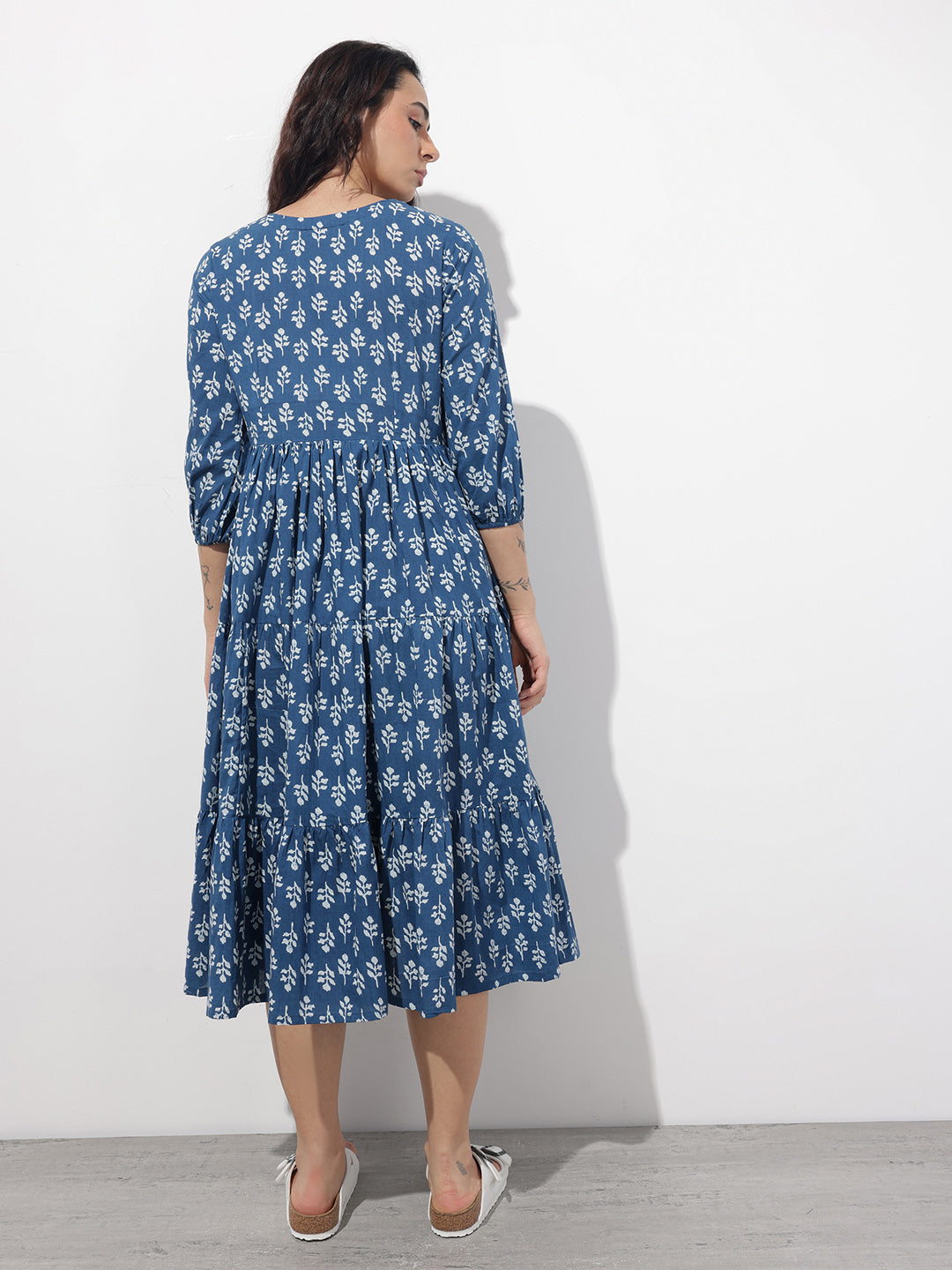 Indigo Tie-up Neck Flared Cotton Dress