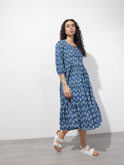 Indigo Tie-up Neck Flared Cotton Dress