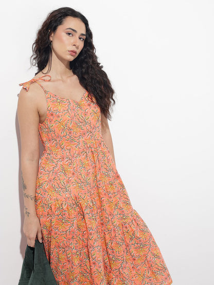 Orange Shoulder Strapes Fit & Flared Cotton Dress