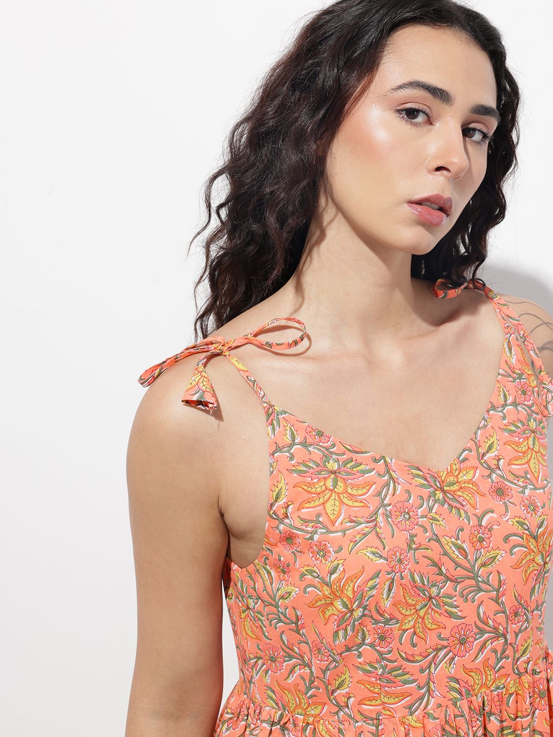 Orange Shoulder Strapes Fit & Flared Cotton Dress