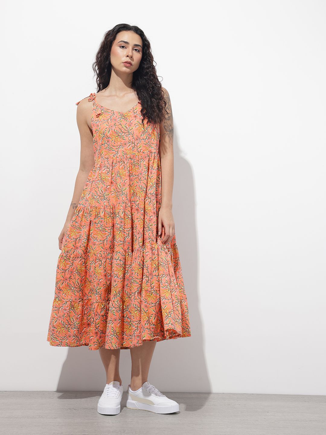Orange Shoulder Strapes Fit & Flared Cotton Dress