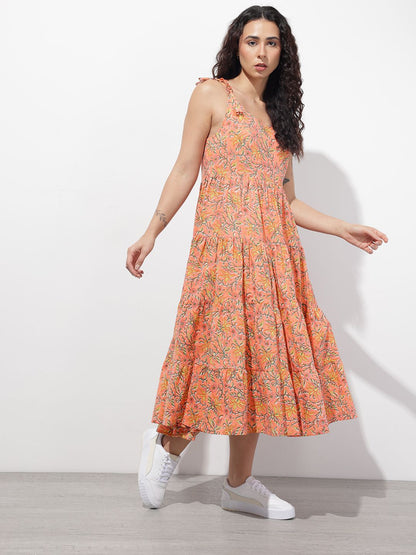 Orange Shoulder Strapes Fit & Flared Cotton Dress
