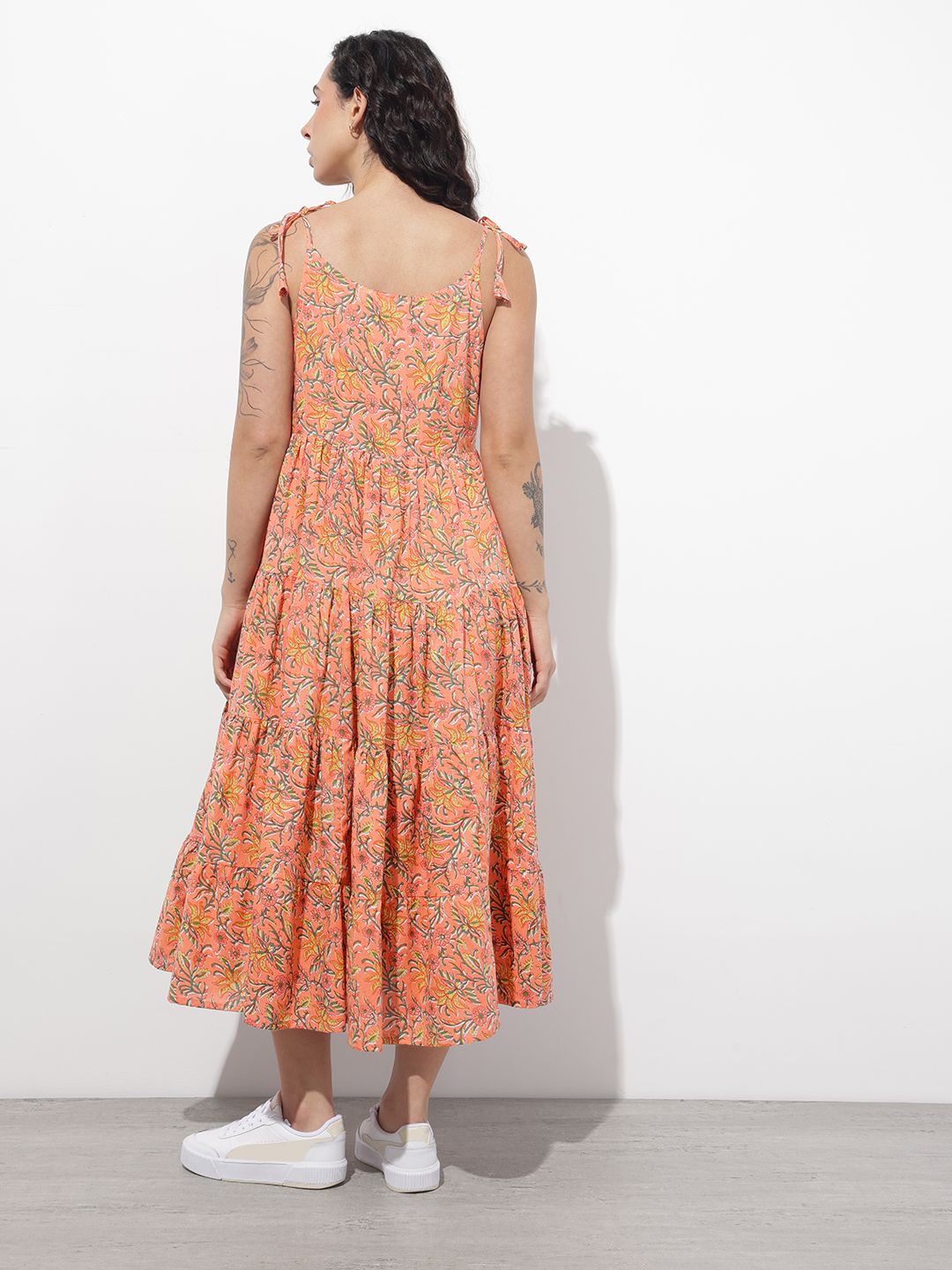Orange Shoulder Strapes Fit & Flared Cotton Dress