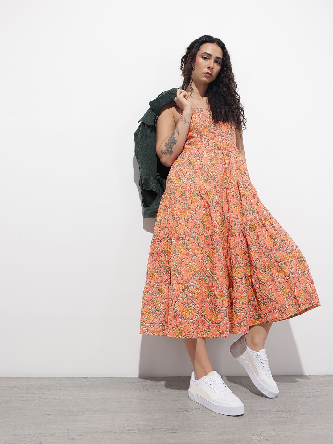 Orange Shoulder Strapes Fit & Flared Cotton Dress