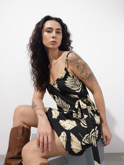 Black Shoulder Strap Rayon Dress