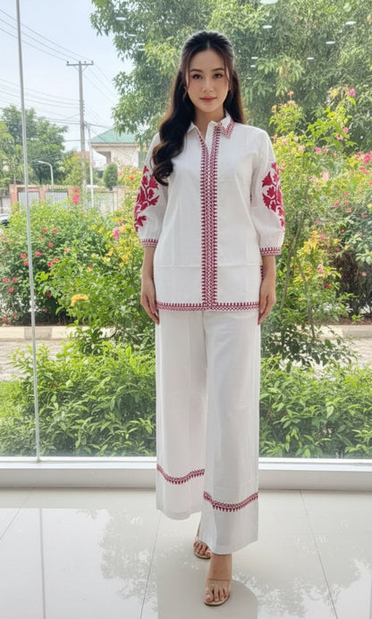 White Solid Pink Embroidary Co-ords Sets
