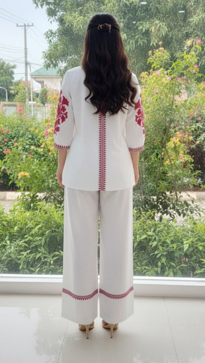 White Solid Pink Embroidary Co-ords Sets