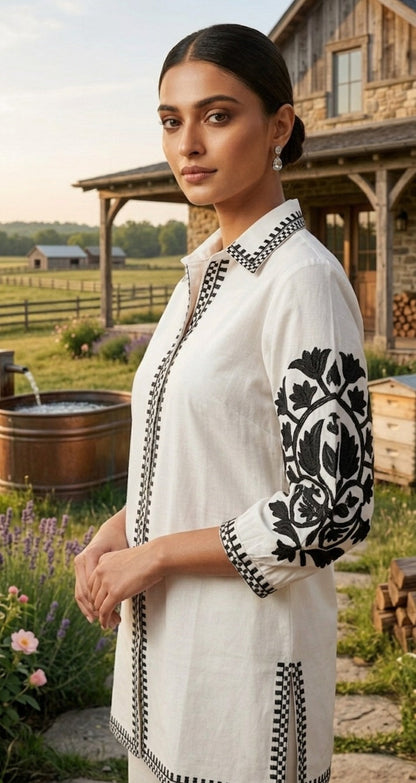 White Solid Black Embroidary Co-ords Sets
