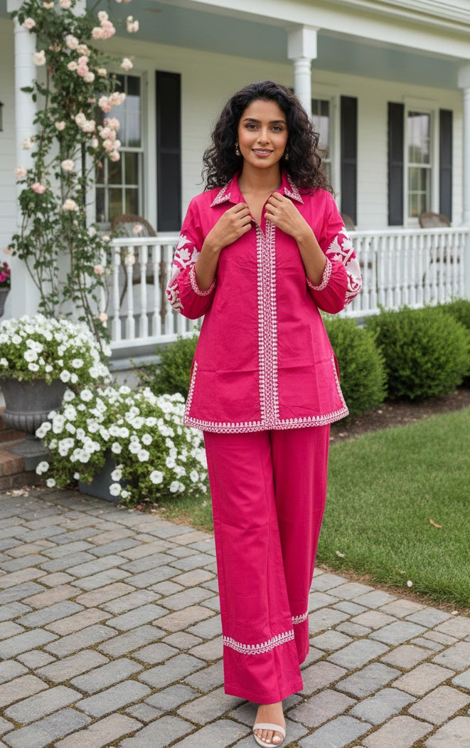 Pink Solid White Embroidary Co-ords Sets