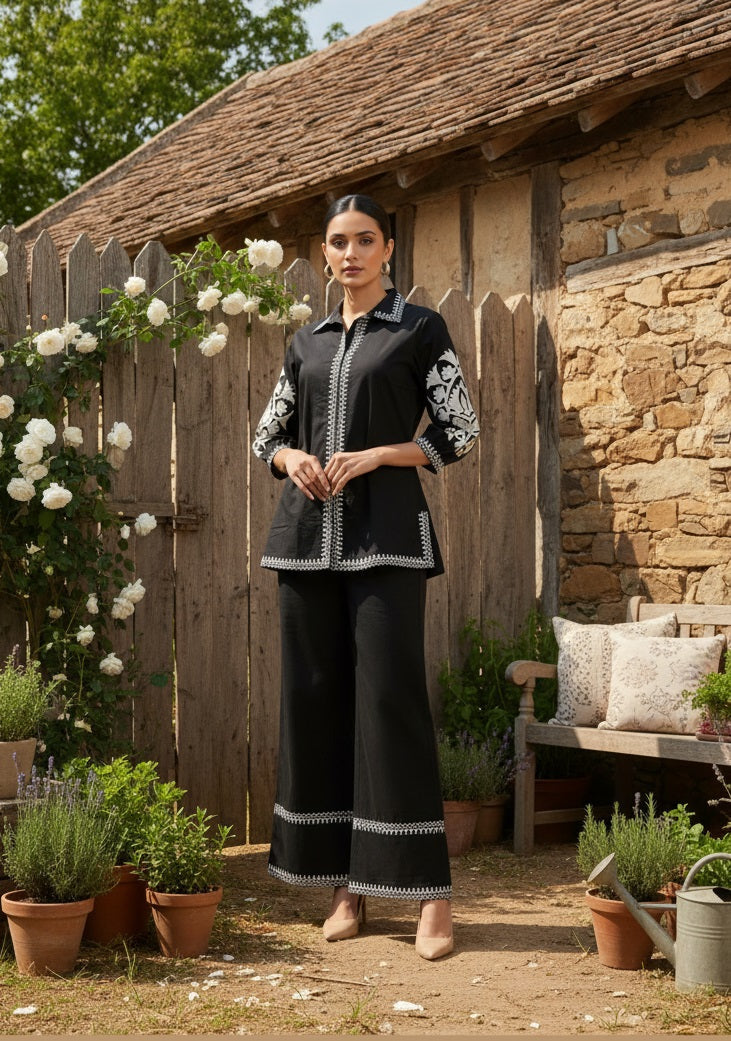Black Solid White Embroidary Co-ords Sets