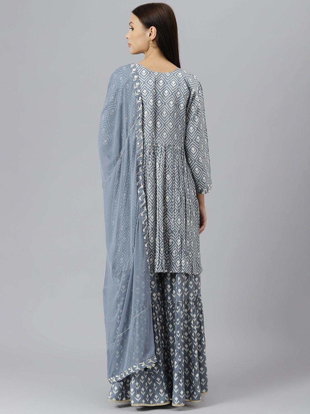 Grey Muslin Embroidary Peplum Kurta Sharara Set with Dupatta For Women