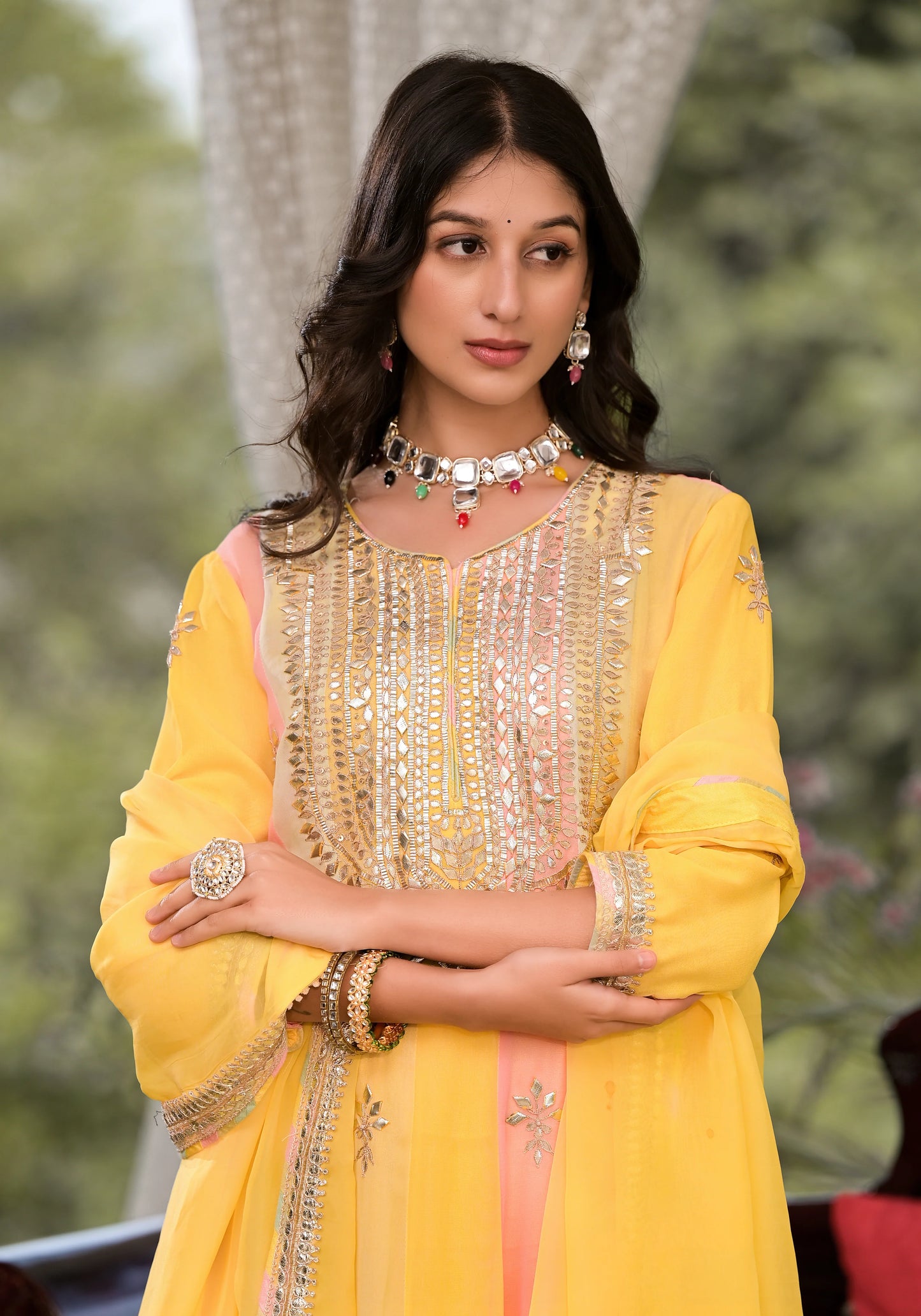 Yellow Banarsi Georgette Gota Patti Embroidered Kurta Set