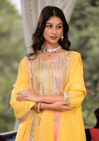 Yellow Banarsi Georgette Gota Patti Embroidered Kurta Set