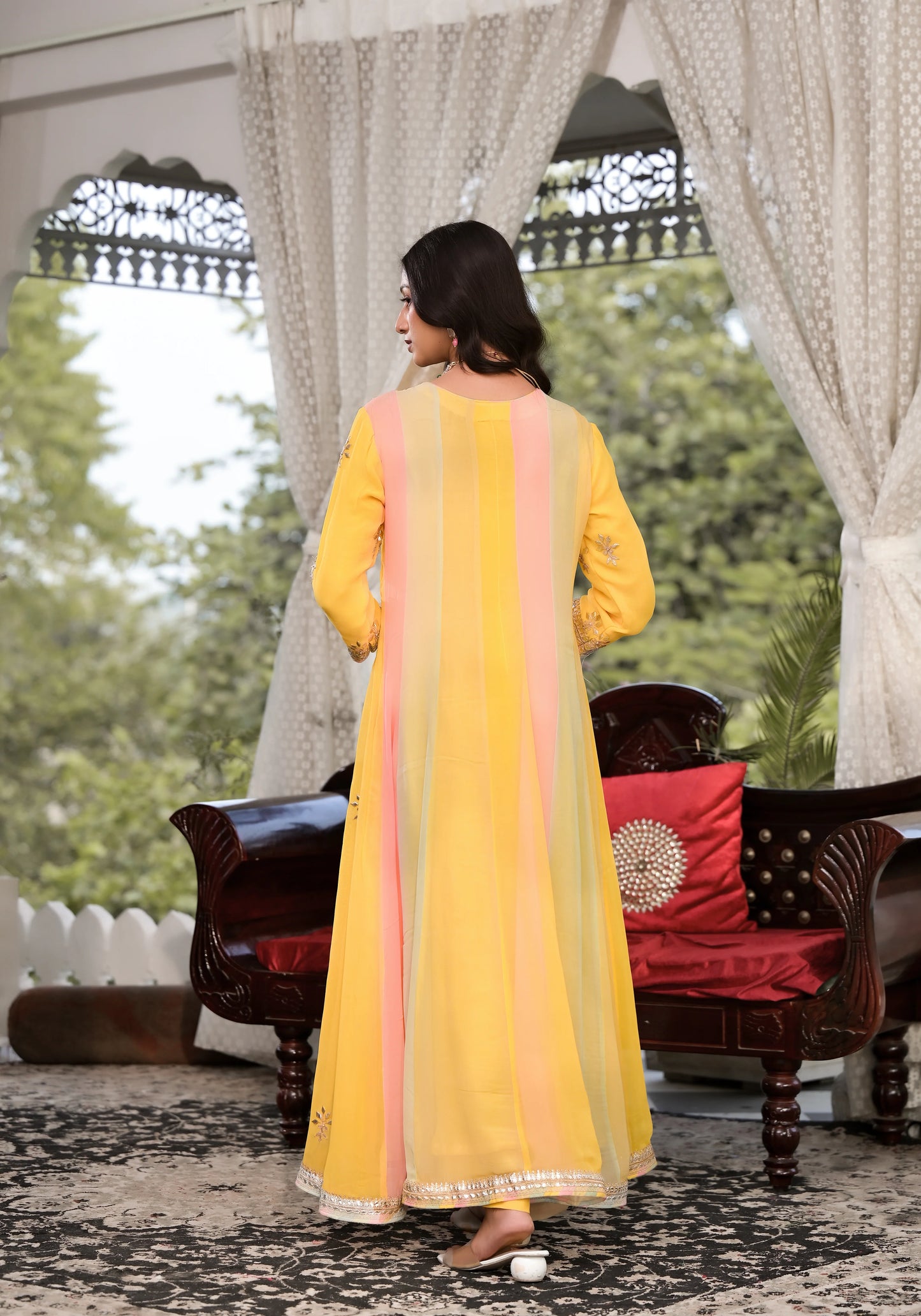 Yellow Banarsi Georgette Gota Patti Embroidered Kurta Set