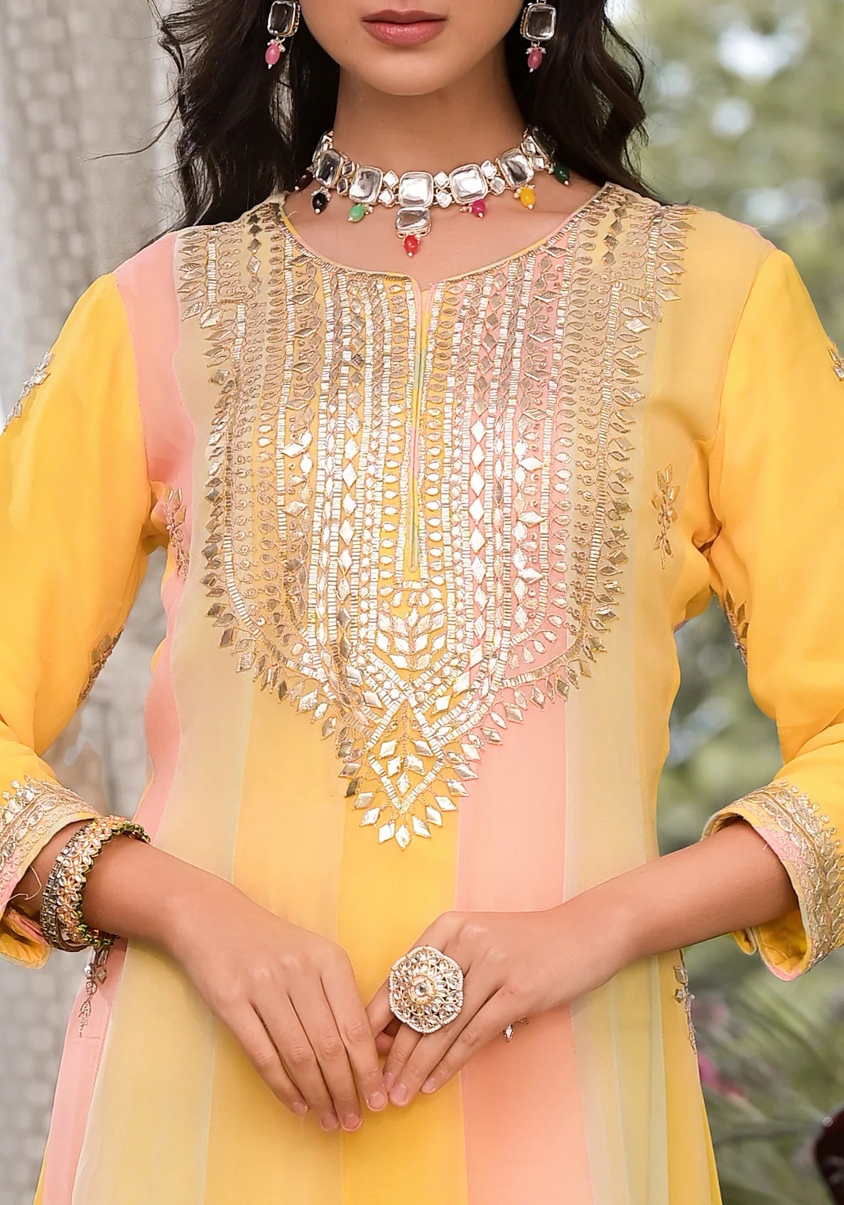 Yellow Banarsi Georgette Gota Patti Embroidered Kurta Set