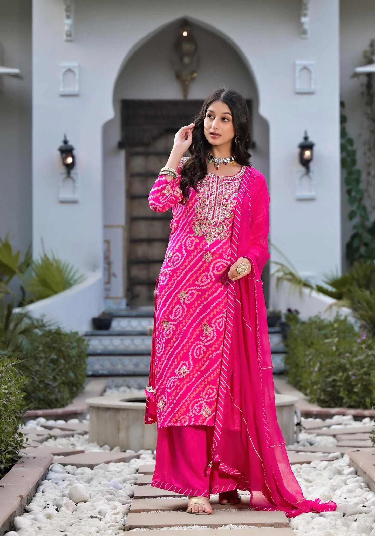 Rani Pink Chinon With Cotton Embroidered Kurta Set