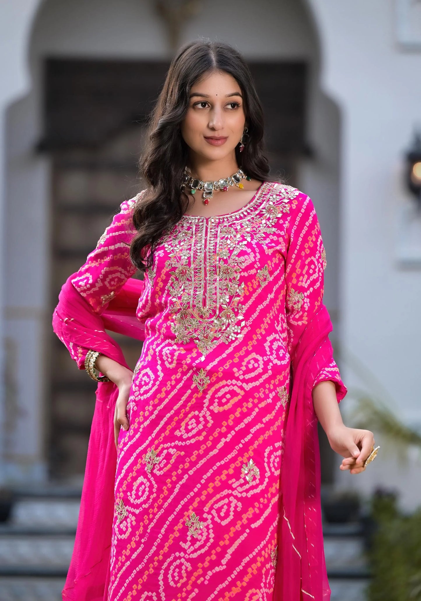 Rani Pink Chinon With Cotton Embroidered Kurta Set