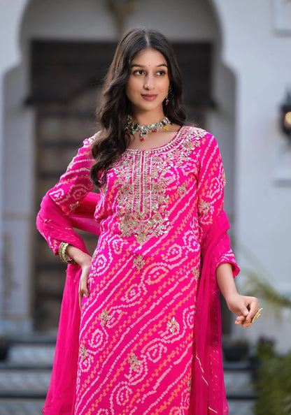 Rani Pink Chinon With Cotton Embroidered Kurta Set
