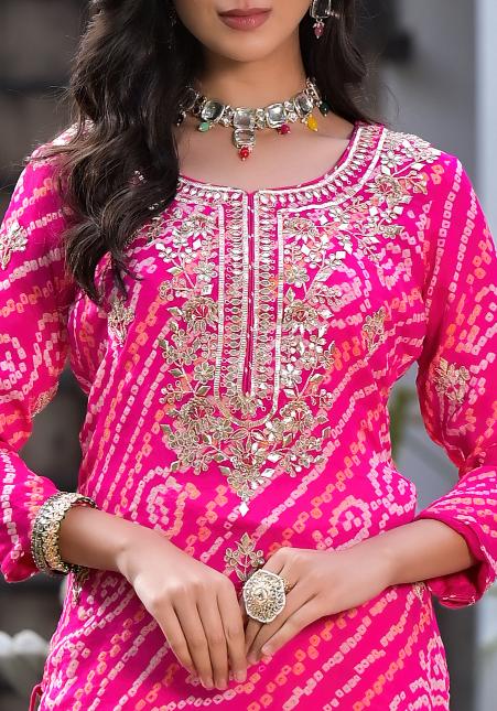 Rani Pink Chinon With Cotton Embroidered Kurta Set