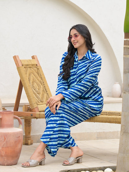 Blue Stripes Shirt With Trousers Co-Ords