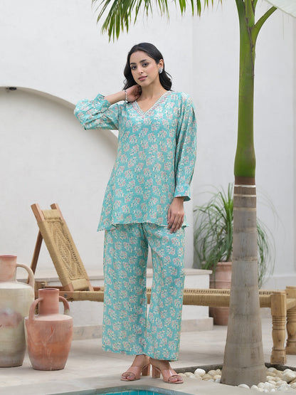 Green Embroidered V-Neck Top With Trousers Co-Ords