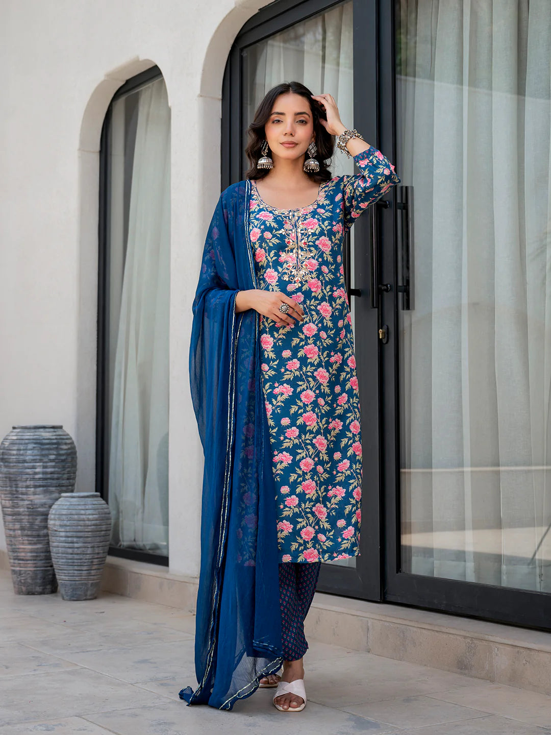 Blue Ethnic Embroidered Floral Print Muslin Straight Kurta Sets