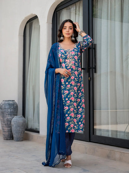 Blue Ethnic Embroidered Floral Print Muslin Straight Kurta Sets