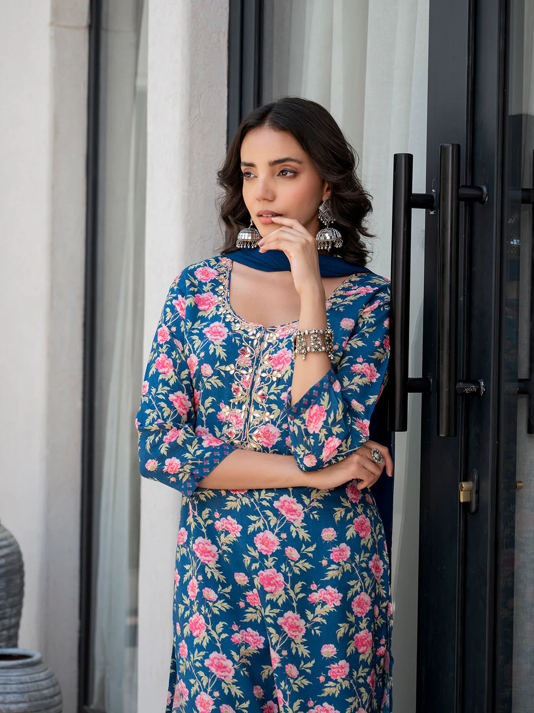 Blue Ethnic Embroidered Floral Print Muslin Straight Kurta Sets