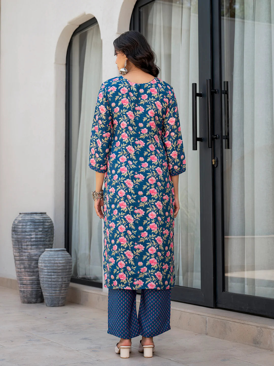 Blue Ethnic Embroidered Floral Print Muslin Straight Kurta Sets