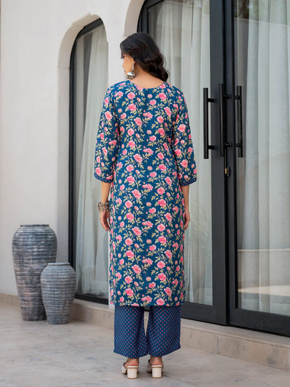 Blue Ethnic Embroidered Floral Print Muslin Straight Kurta Sets