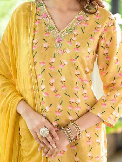 Yellow Floral Printed Bead Work Muslin Kurta Set